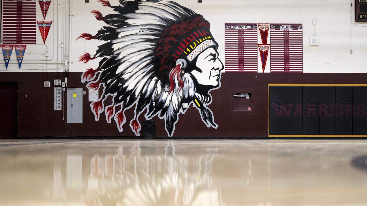 A controversial mural featuring a stereotypical depiction of a Native American at Hiram Johnson High School in Sacramento on Tuesday, May 5, 2026. A petition circulating to remove the mural and the name has received over 300 signatures.